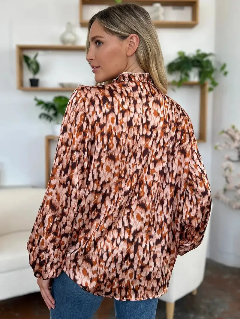 Full Size Printed Ruffle Trim Balloon Sleeve Shirt 13