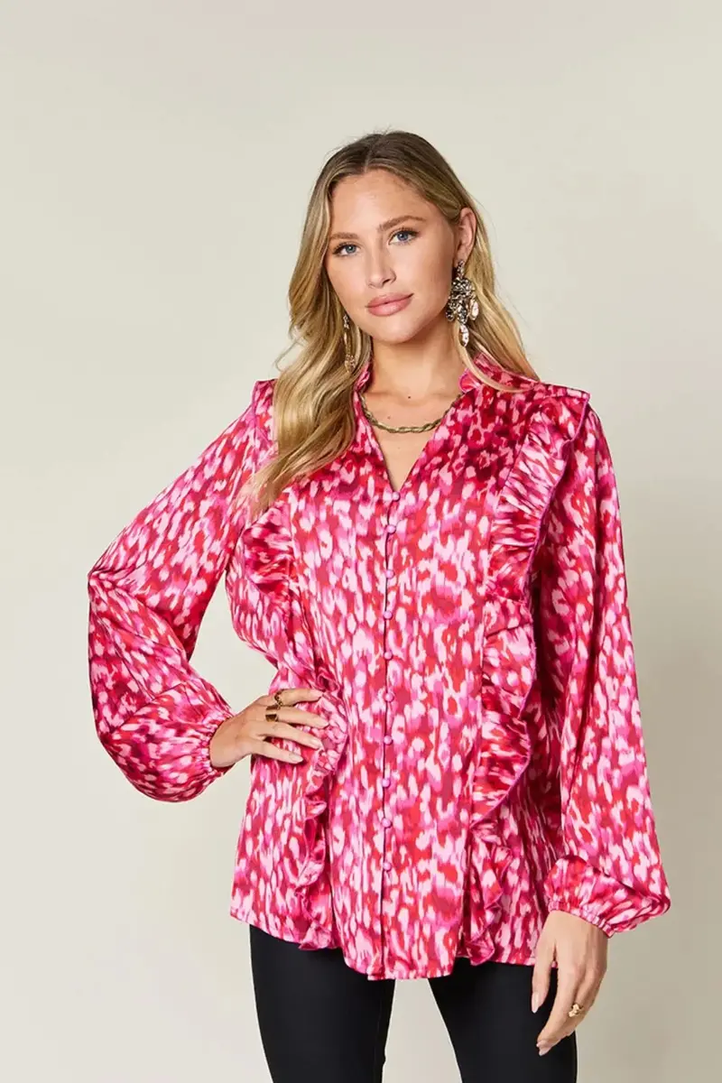 Full Size Printed Ruffle Trim Balloon Sleeve Shirt 14