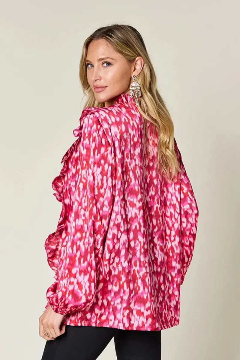 Full Size Printed Ruffle Trim Balloon Sleeve Shirt 16