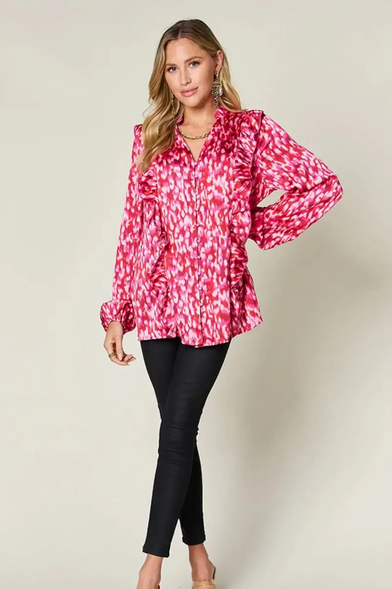 Full Size Printed Ruffle Trim Balloon Sleeve Shirt 17