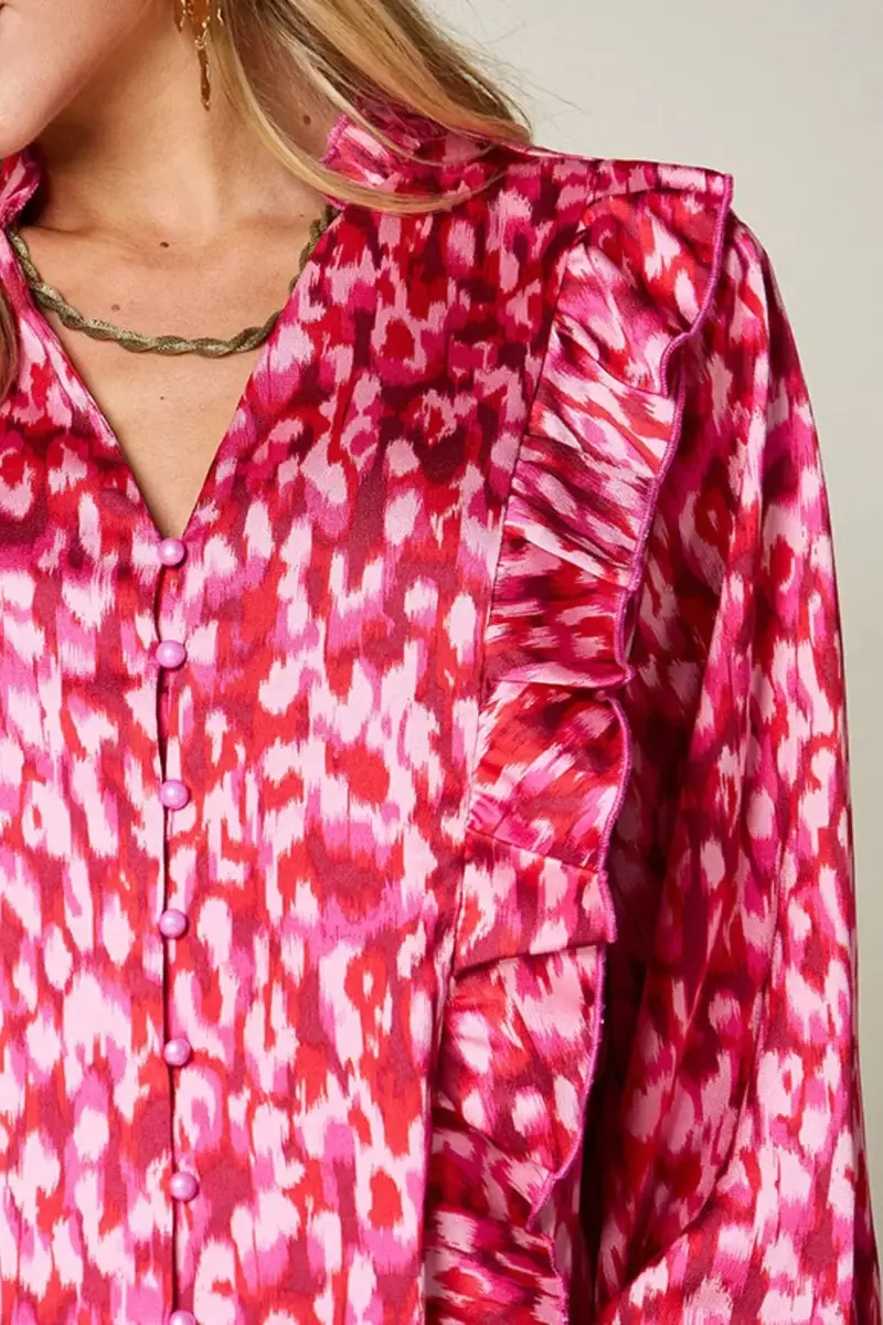 Full Size Printed Ruffle Trim Balloon Sleeve Shirt 18