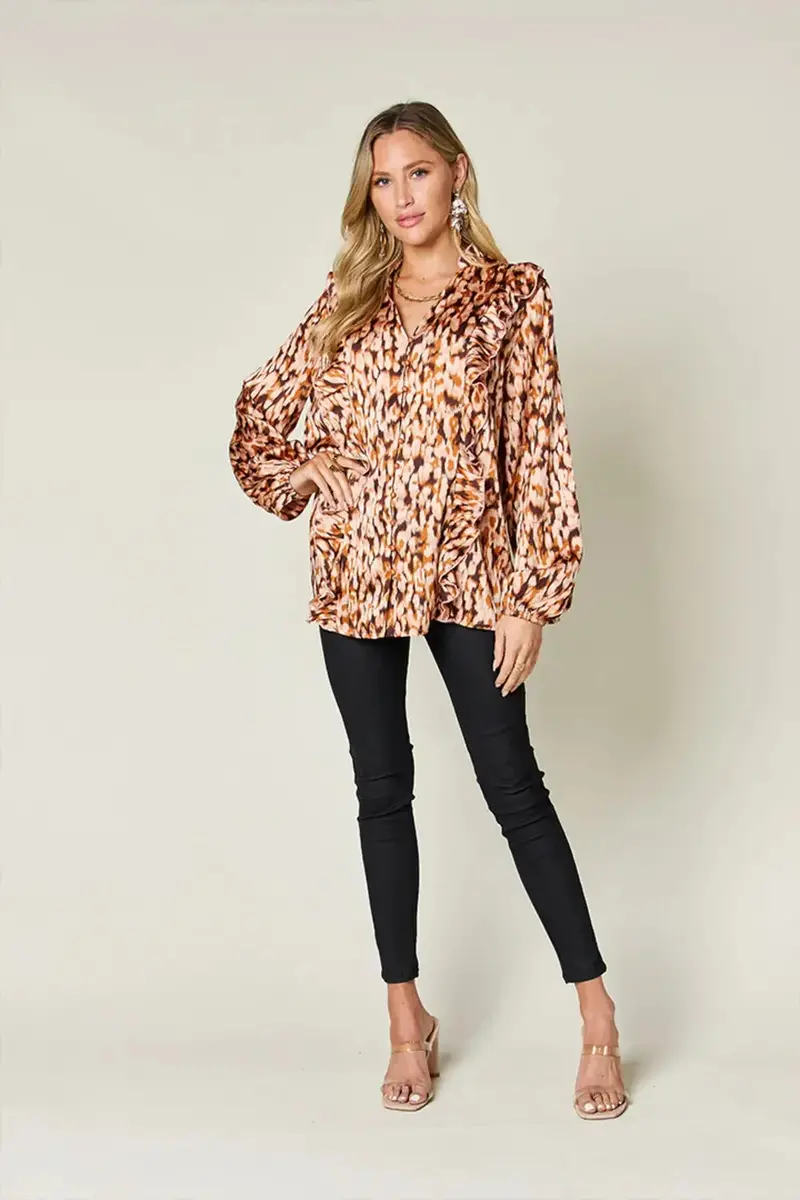 Full Size Printed Ruffle Trim Balloon Sleeve Shirt 4