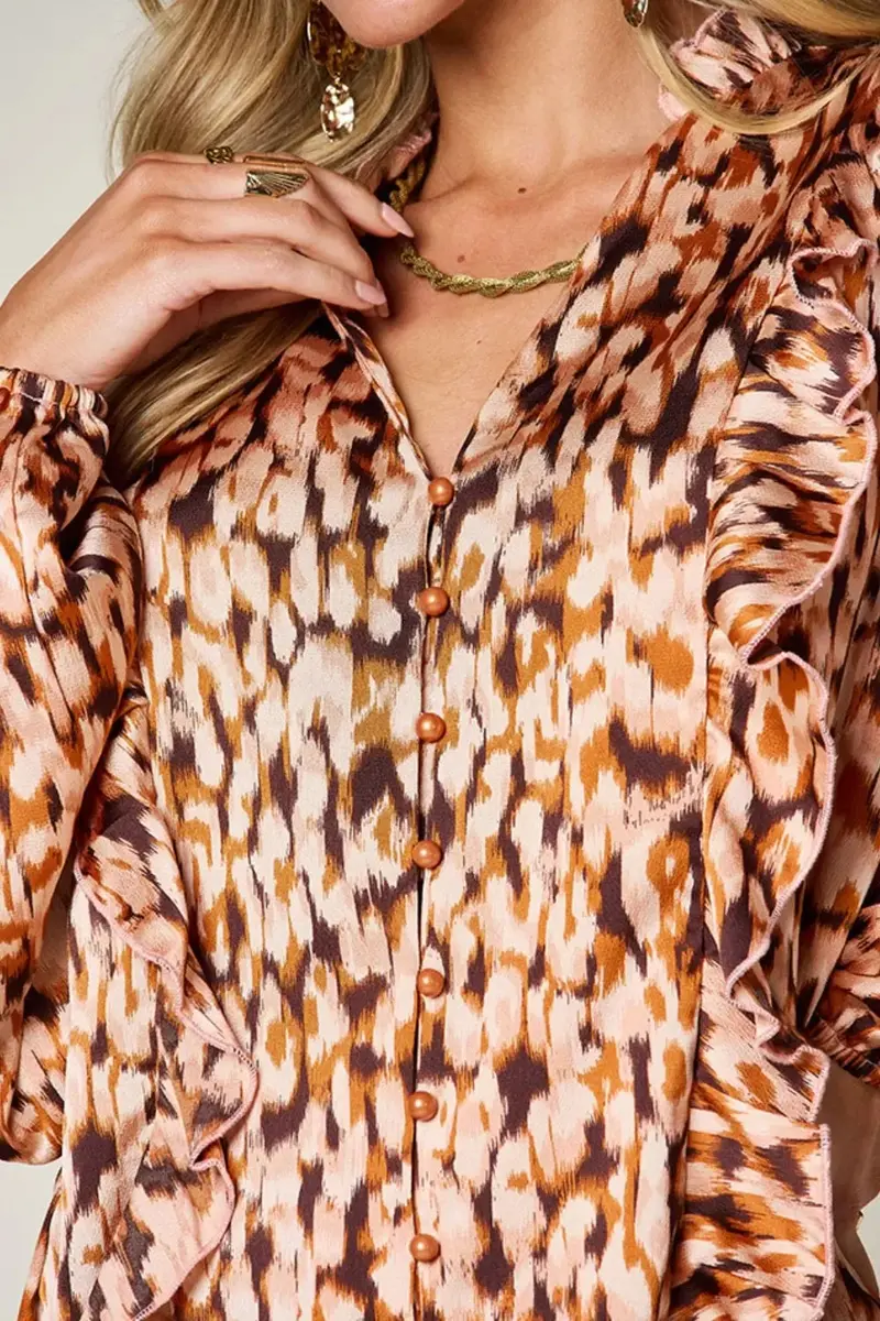 Full Size Printed Ruffle Trim Balloon Sleeve Shirt 5