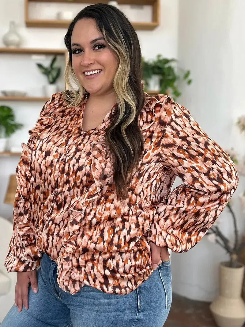 Full Size Printed Ruffle Trim Balloon Sleeve Shirt 6
