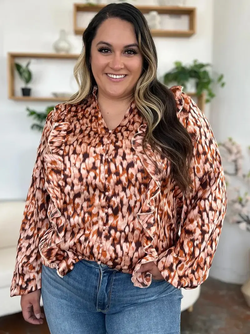 Full Size Printed Ruffle Trim Balloon Sleeve Shirt 7