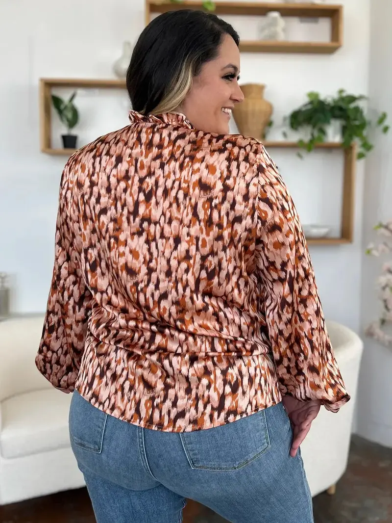Full Size Printed Ruffle Trim Balloon Sleeve Shirt 9