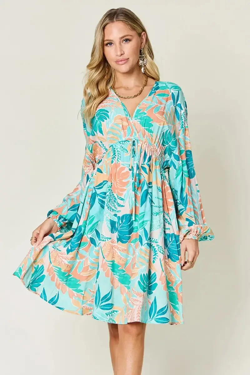 Full Size Printed V-Neck Drawstring Dress 1
