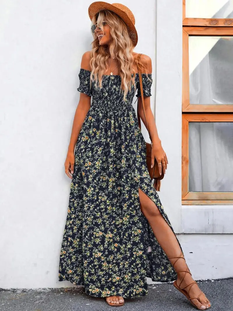 Full Size Slit Off-Shoulder Floral Midi Dress Plus Size 2