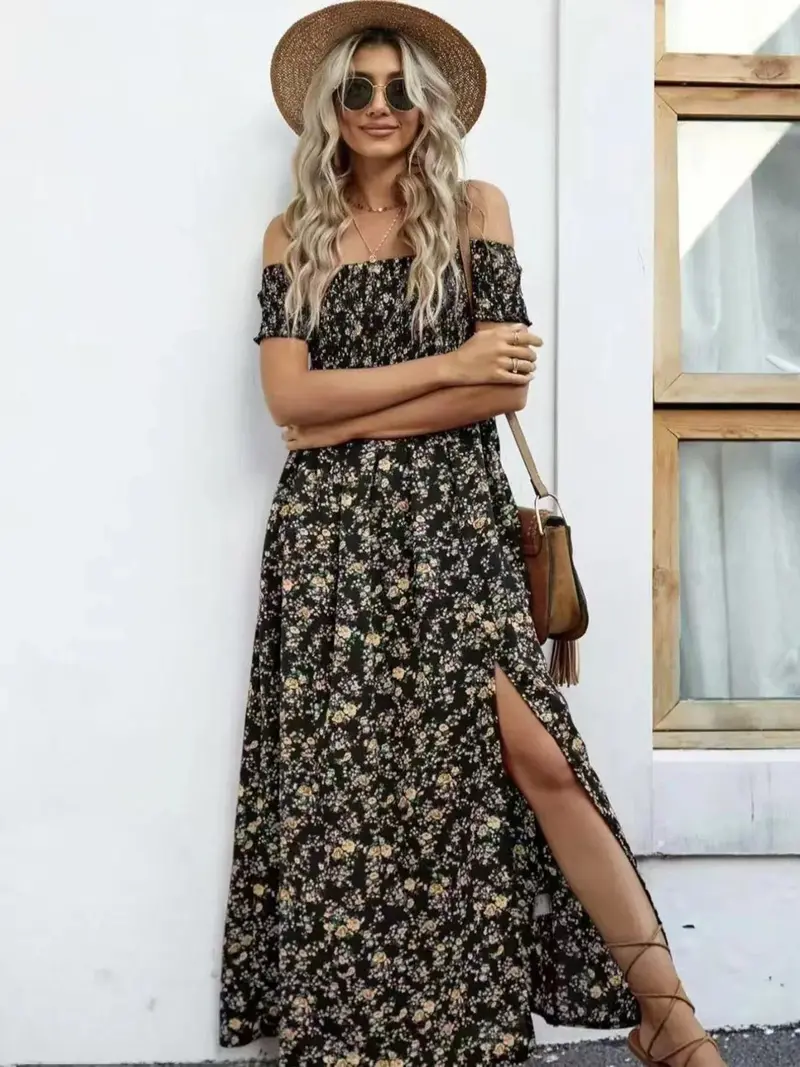 Full Size Slit Off-Shoulder Floral Midi Dress Plus Size 26