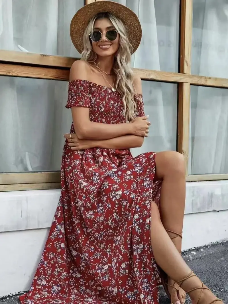 Full Size Slit Off-Shoulder Floral Midi Dress Plus Size 7