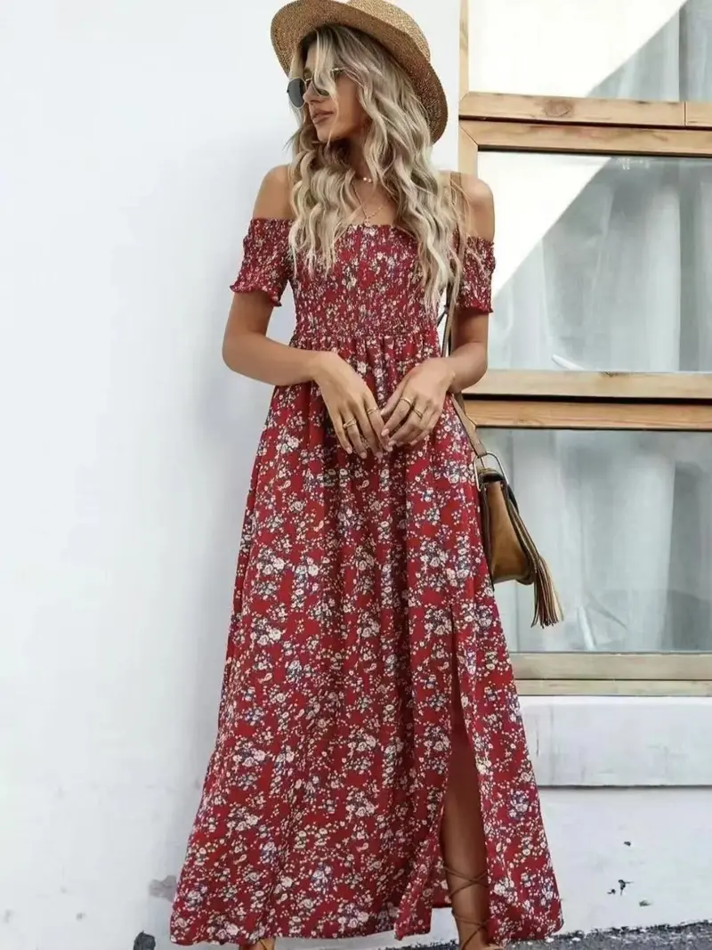 Full Size Slit Off-Shoulder Floral Midi Dress Plus Size 7