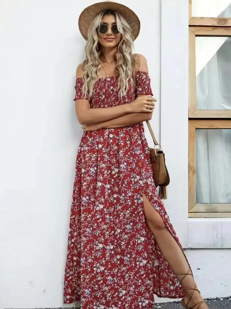 Full Size Slit Off-Shoulder Floral Midi Dress Plus Size 8
