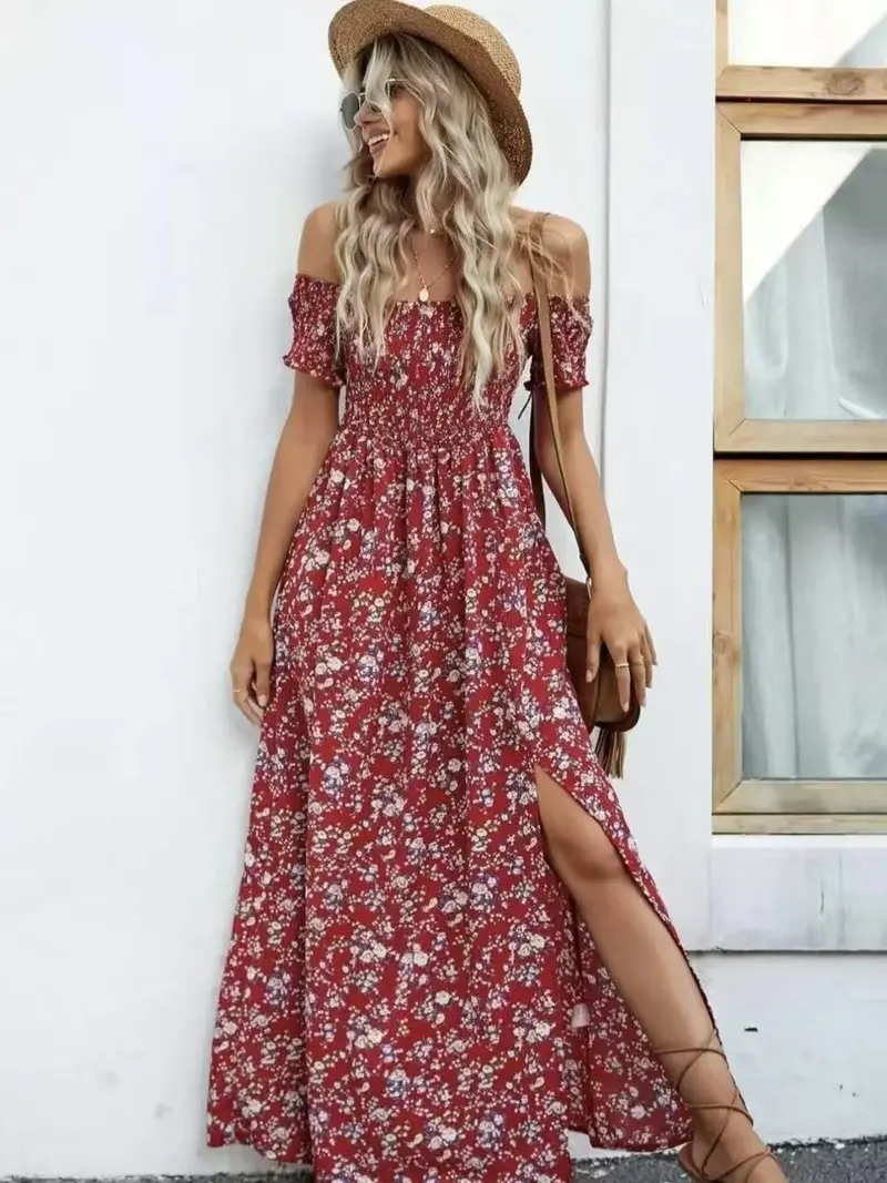 Full Size Slit Off-Shoulder Floral Midi Dress Plus Size 9