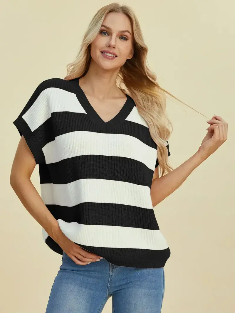 Full Size Striped V-Neck Short Sleeve Sweater 1