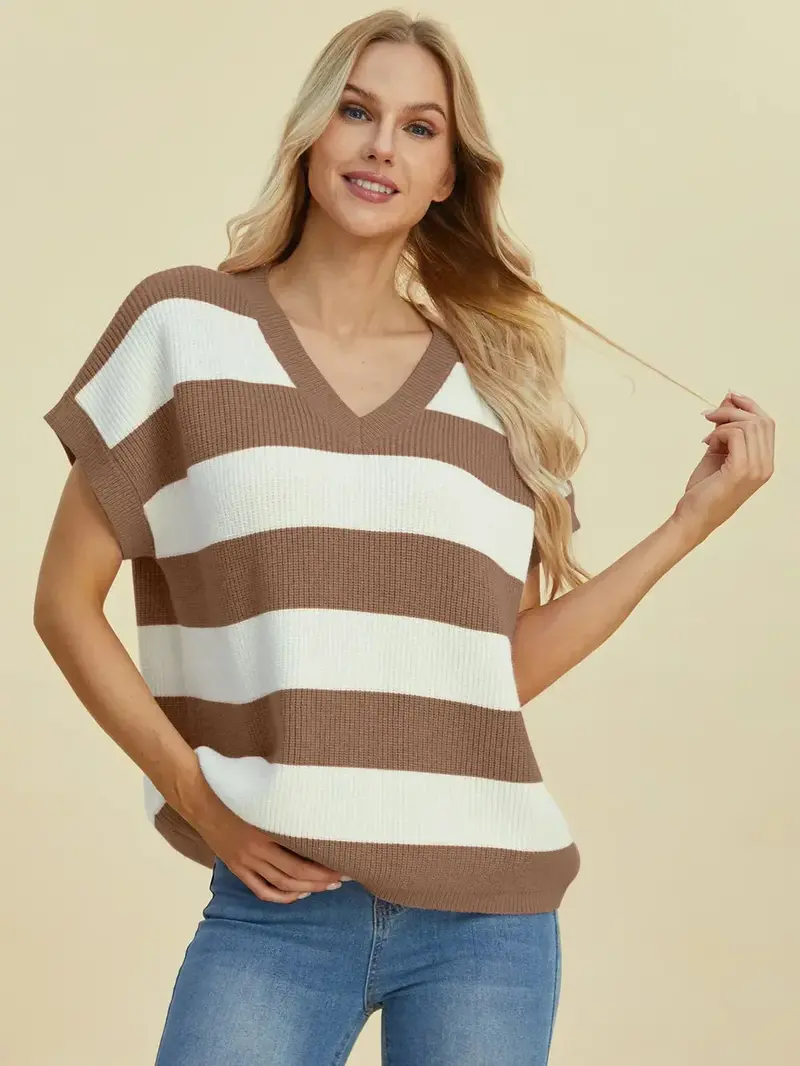 Full Size Striped V-Neck Short Sleeve Sweater 10