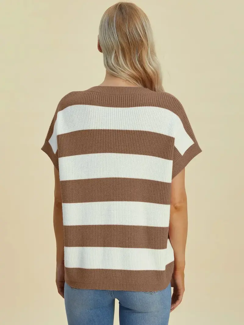 Full Size Striped V-Neck Short Sleeve Sweater 11