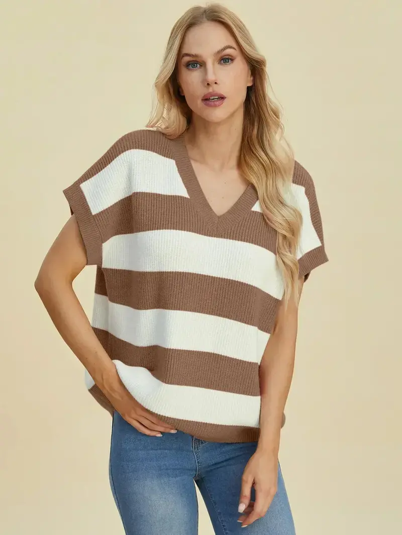 Full Size Striped V-Neck Short Sleeve Sweater 12