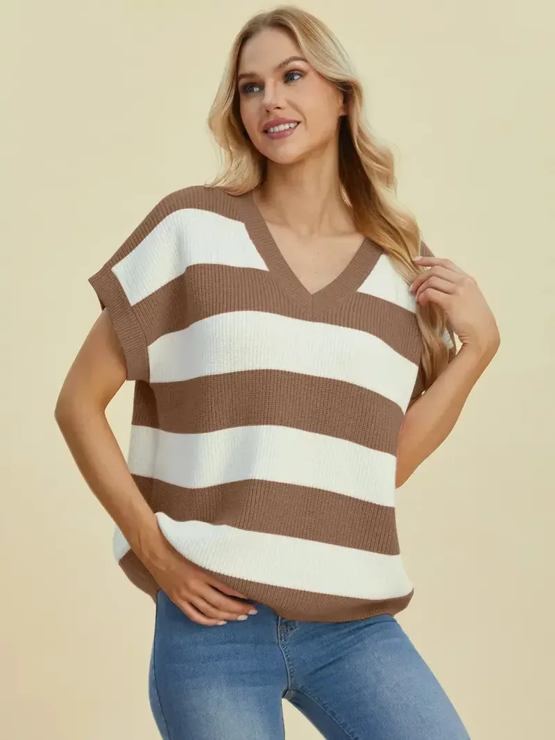 Full Size Striped V-Neck Short Sleeve Sweater 13