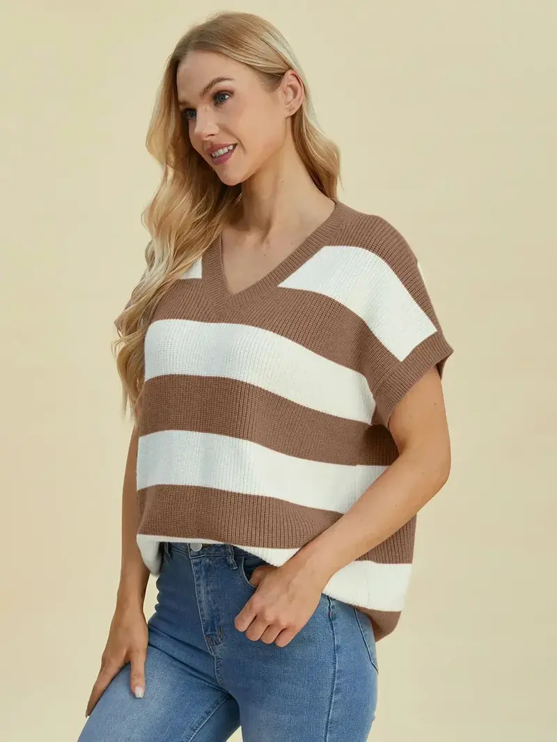 Full Size Striped V-Neck Short Sleeve Sweater 14