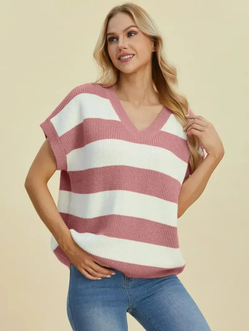 Full Size Striped V-Neck Short Sleeve Sweater 15