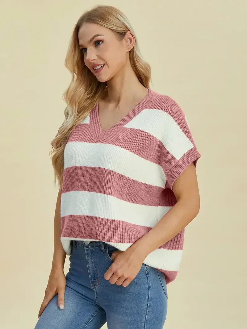 Full Size Striped V-Neck Short Sleeve Sweater 16