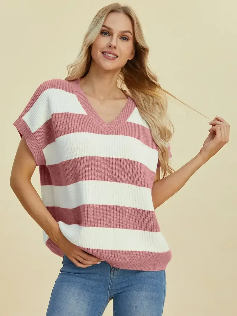 Full Size Striped V-Neck Short Sleeve Sweater 17