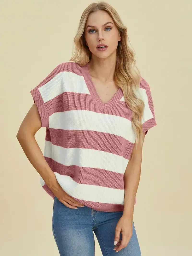 Full Size Striped V-Neck Short Sleeve Sweater 18
