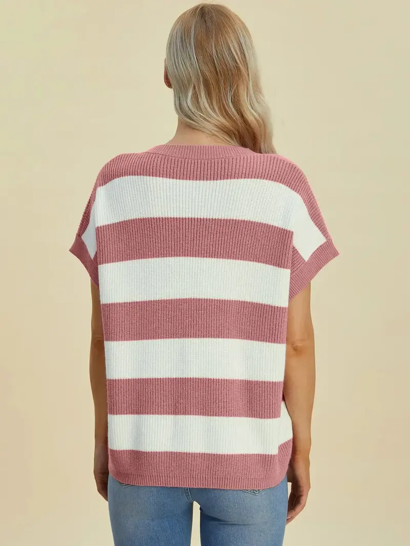 Full Size Striped V-Neck Short Sleeve Sweater 19