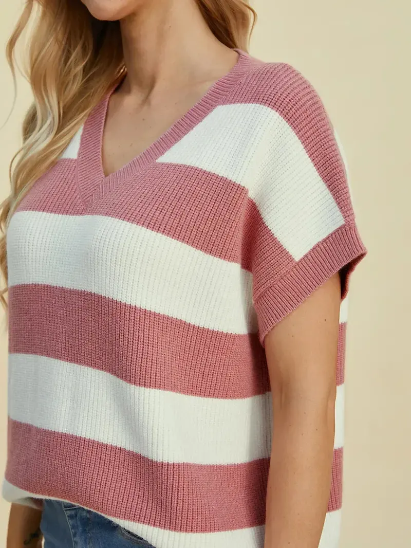 Full Size Striped V-Neck Short Sleeve Sweater 20