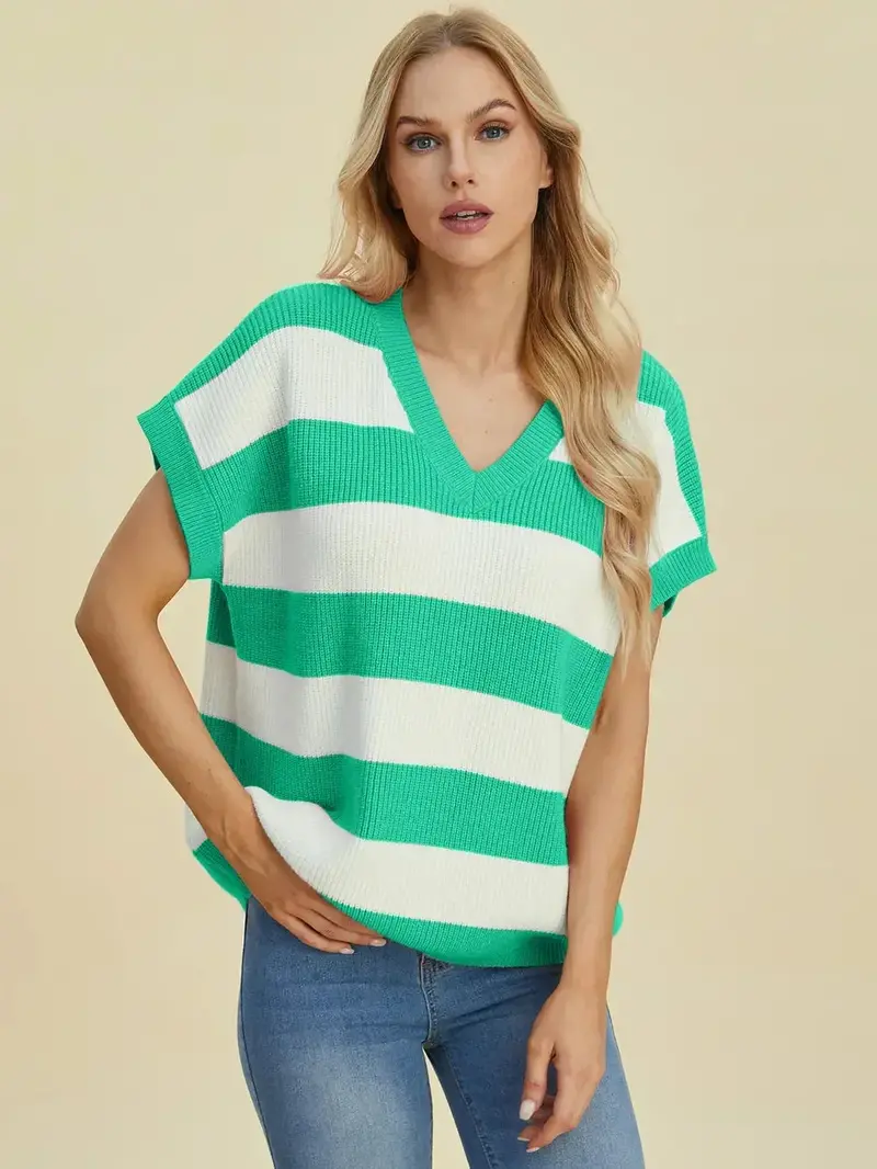 Full Size Striped V-Neck Short Sleeve Sweater 21