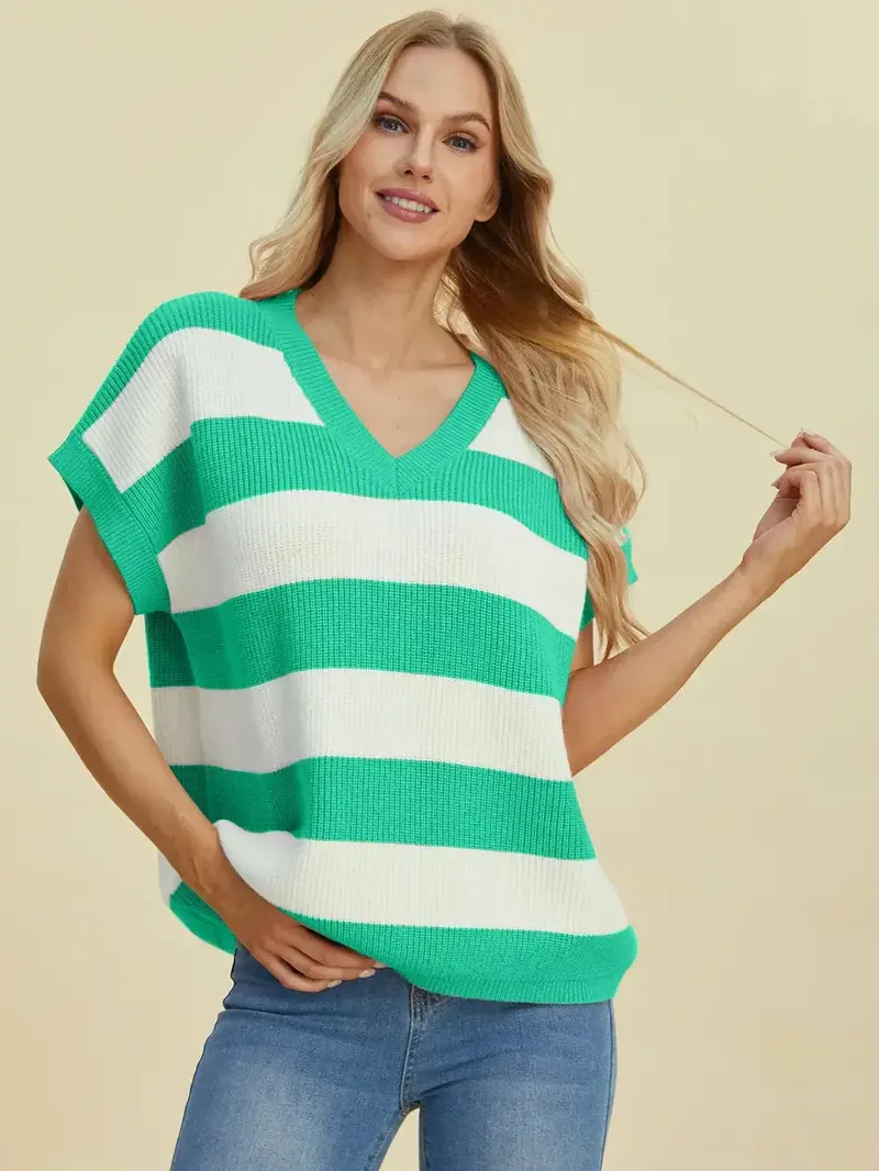 Full Size Striped V-Neck Short Sleeve Sweater 22
