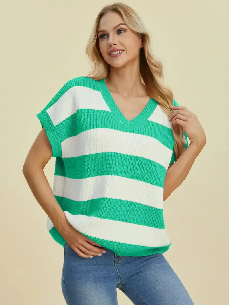 Full Size Striped V-Neck Short Sleeve Sweater 24