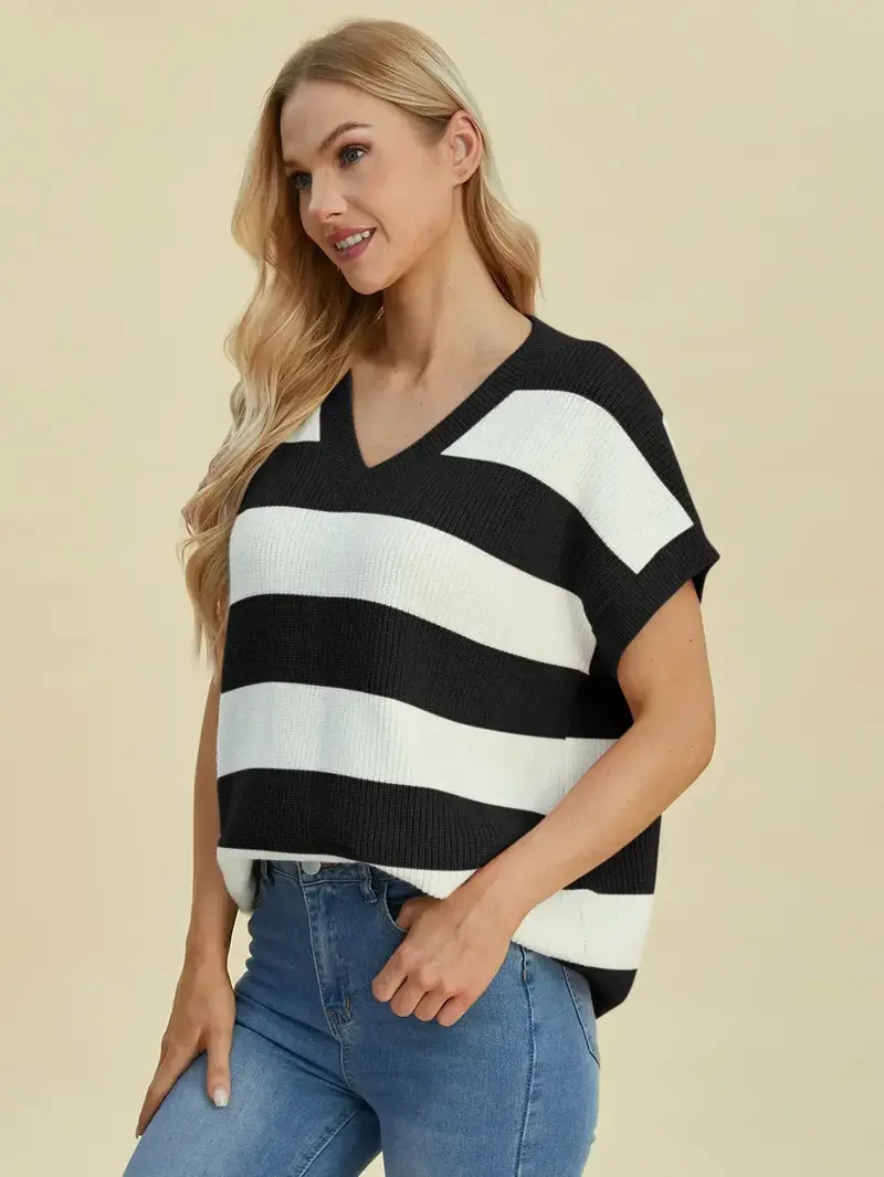 Full Size Striped V-Neck Short Sleeve Sweater 6