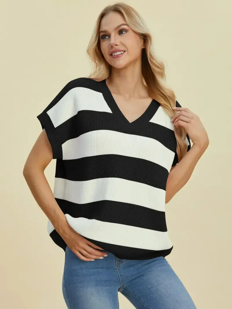 Full Size Striped V-Neck Short Sleeve Sweater 7