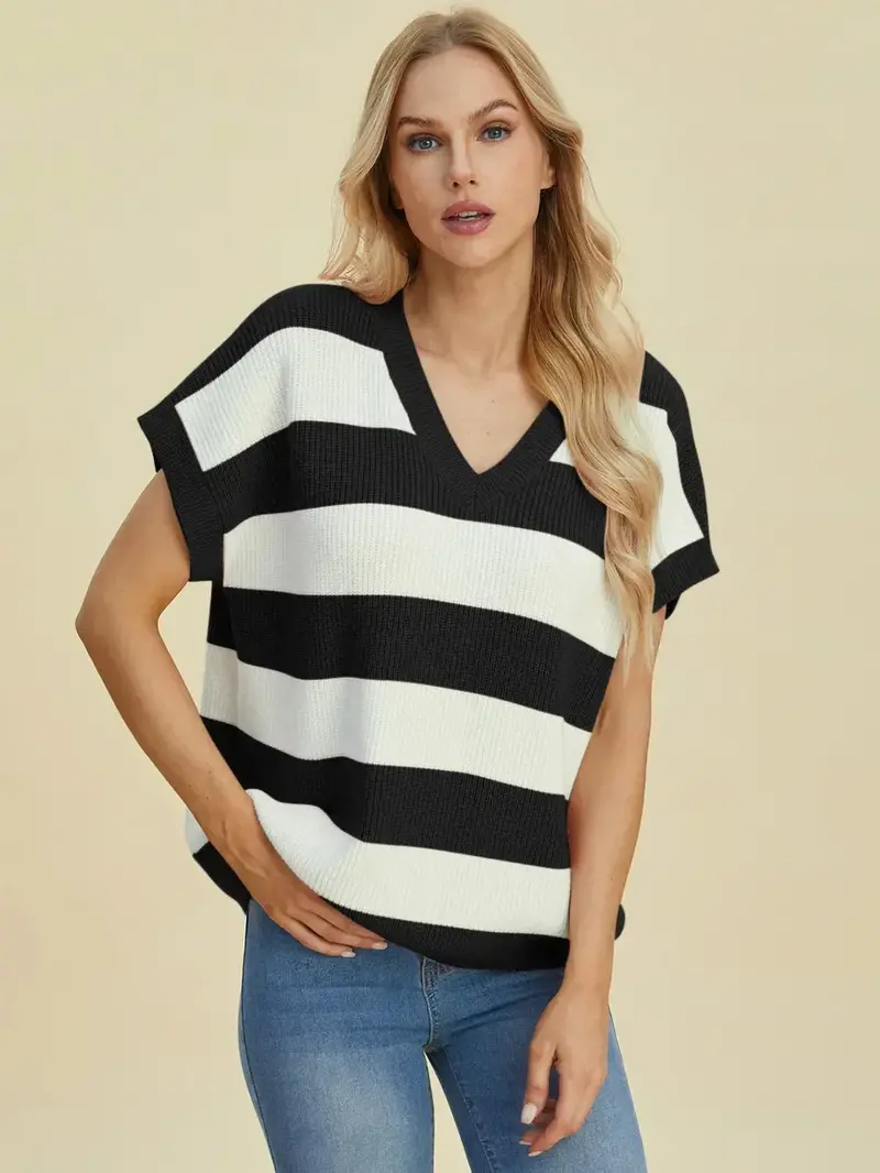 Full Size Striped V-Neck Short Sleeve Sweater 8