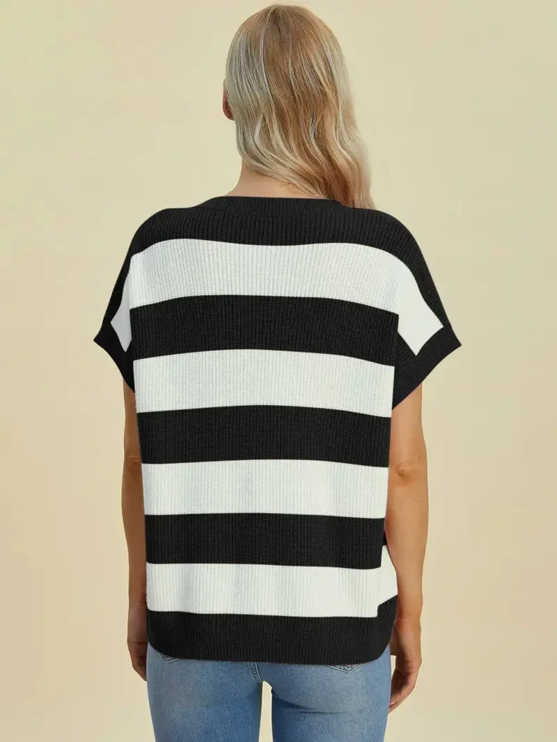Full Size Striped V-Neck Short Sleeve Sweater 9