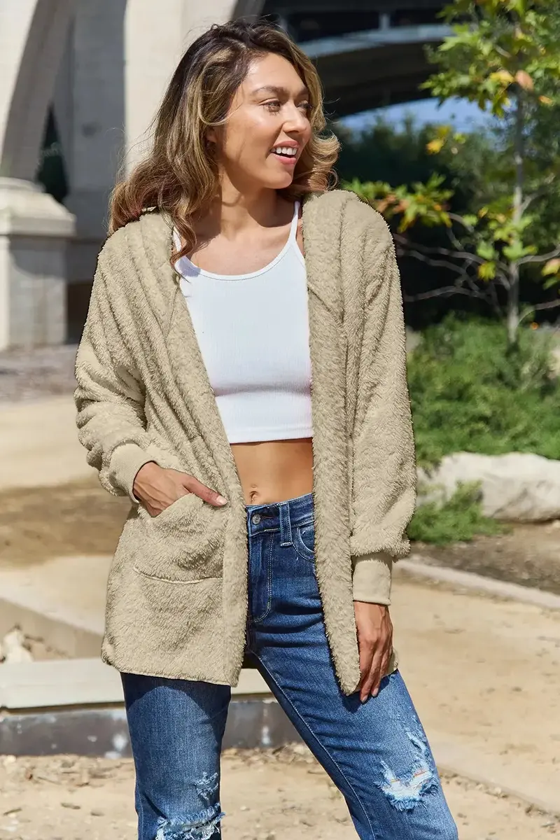 Full Size Teddy Hooded Jacket With Pockets 25