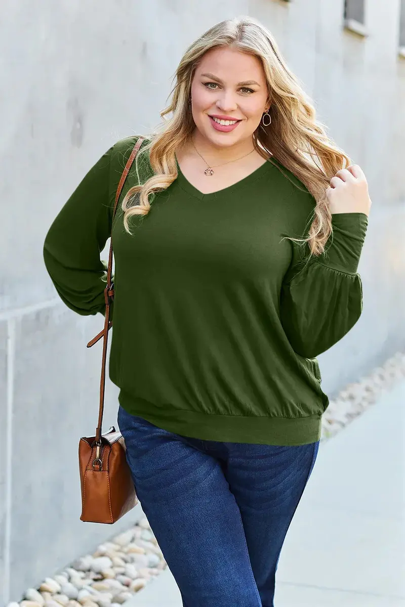 Full Size V-Neck Lantern Sleeve Top 19