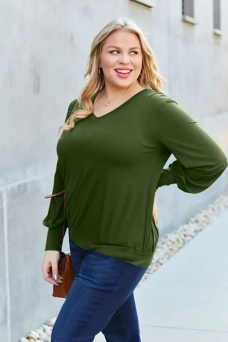 Full Size V-Neck Lantern Sleeve Top 20