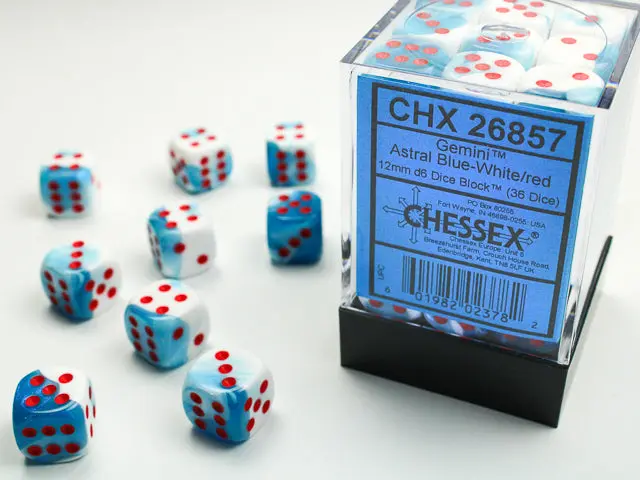 Gemini® 12Mm D6 Astral Blue-White/Red Dice Block™ (36 Dice) 1