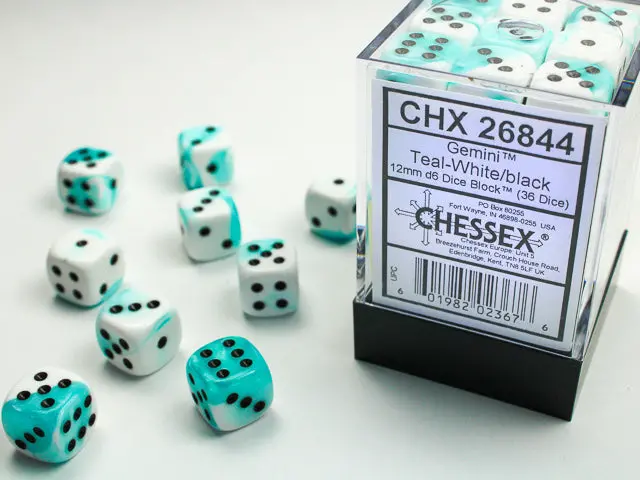 Gemini® 12Mm D6 Teal-White/Black Dice Block™ (36 Dice) 1