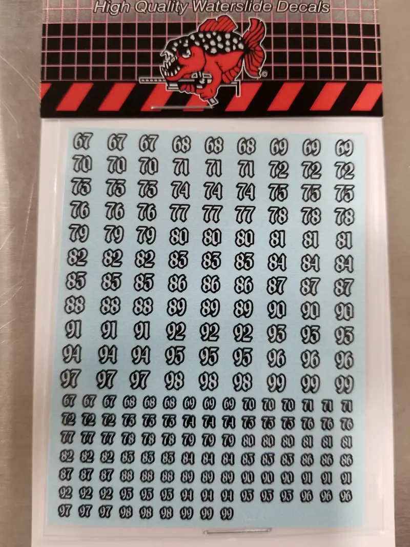 Gothic Type 1 Numbers White On Black #67-99 Decals 1
