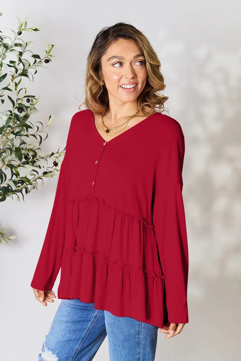 Half Button Long Sleeve Ruffle Hem Blouse 7