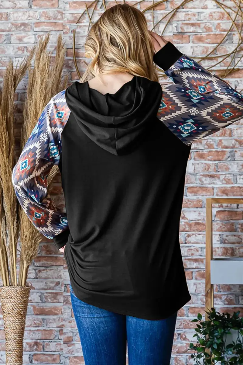Half Button Printed Long Sleeve Hooded Top 2