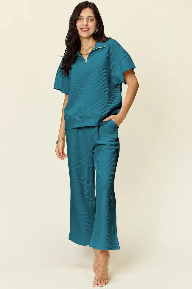 Half Zip Short Sleeve Top And Pants Set 11