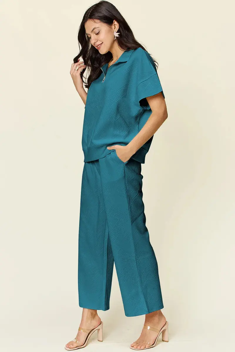 Half Zip Short Sleeve Top And Pants Set 13
