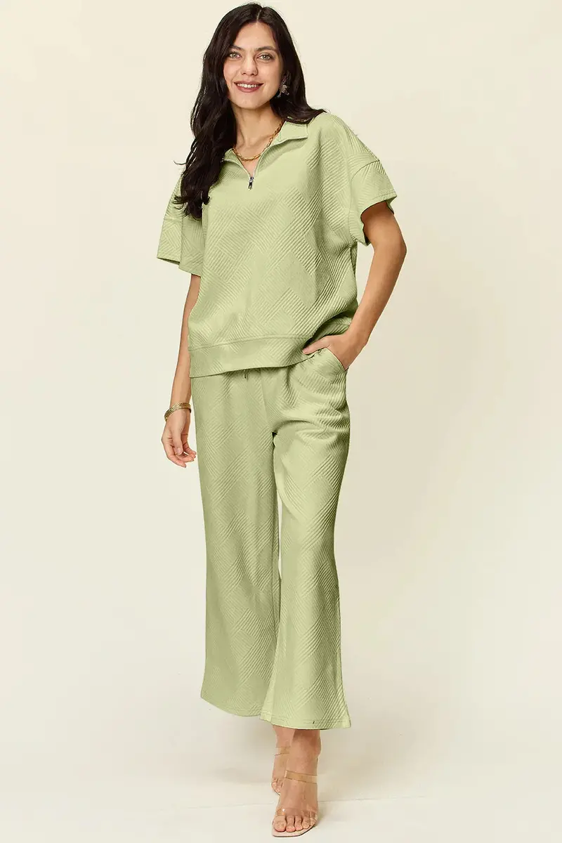 Half Zip Short Sleeve Top And Pants Set 15