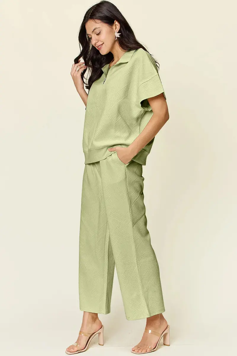 Half Zip Short Sleeve Top And Pants Set 15