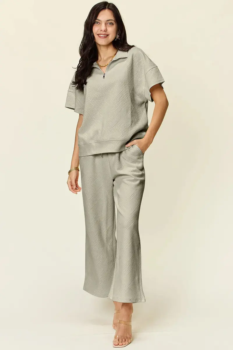 Half Zip Short Sleeve Top And Pants Set 17