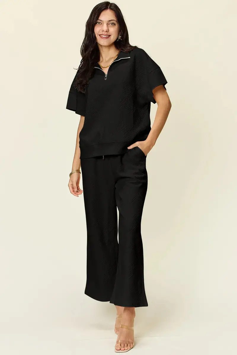 Half Zip Short Sleeve Top And Pants Set 23
